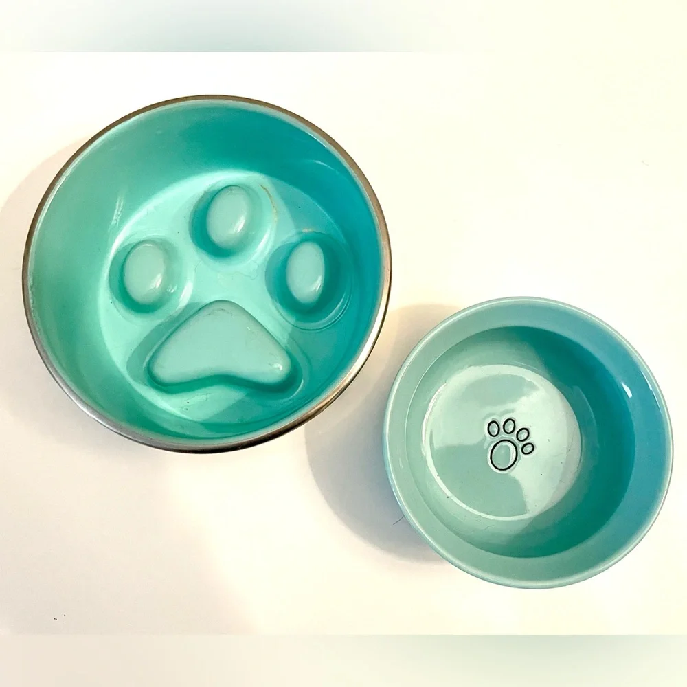Set of 2 Aqua Pet Bowls with Paw Design